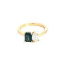 18K Yellow Gold .44ct Diamond Pear shape and Emerald cut Blue/Green Sapphire Ring