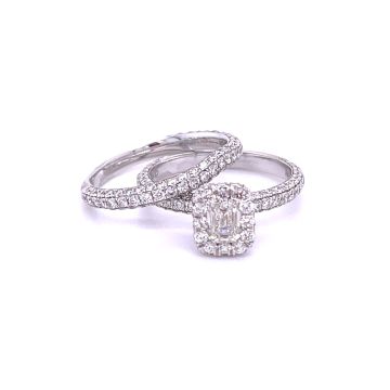 14K White gold 2/1ctw Diamond Pave Wedding Set with 1/2ct Emerald Center