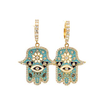 20K Yellow Gold 1.10ctw Diamond and Sky Blue Enamel Buddha Mama Hamsa Huggie Earrings