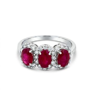 14K White Gold .45ctw Diamond and Ruby Oval 3-stone Halo Ring