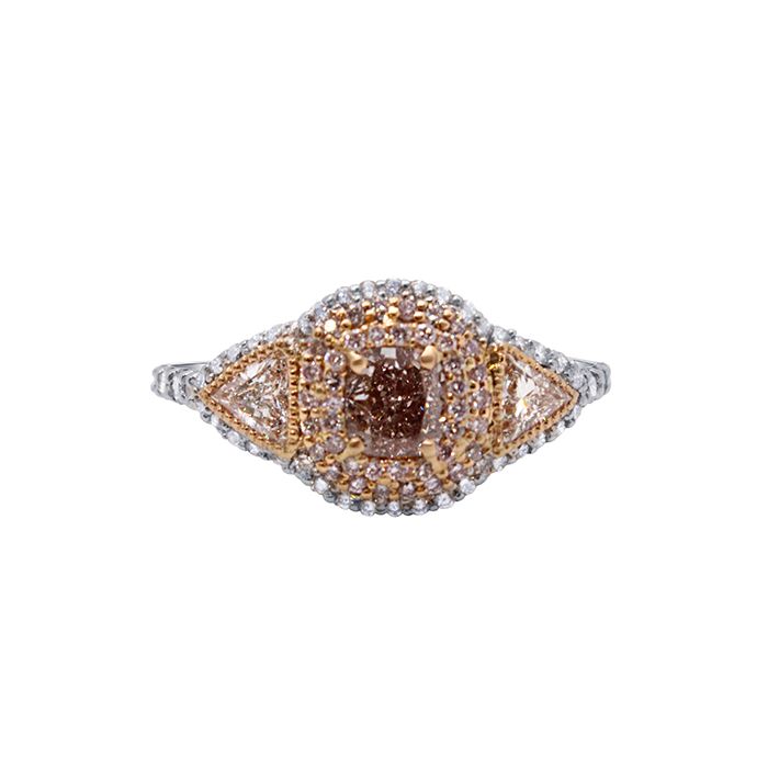 18K ROSE GOLD 0.72 CT CENTER ENGAGEMENT RING WITH 0.42 CT TRILLION SIDE STONES AND 0.59 CT PINK AND WHITE DIAMOND ACCENTS 18K ROSE GOLD 0.72 CT CENTER ENGAGEMENT RING WITH 0.42 CT TRILLION SIDE STONES AND 0.59 CT PINK AND WHITE DIAMOND ACCENTS