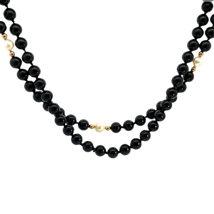 14K Yellow Gold 32" Onyx/Pearl/Gold Bead Necklace 14K Yellow Gold 32" Onyx/Pearl/Gold Bead Necklace