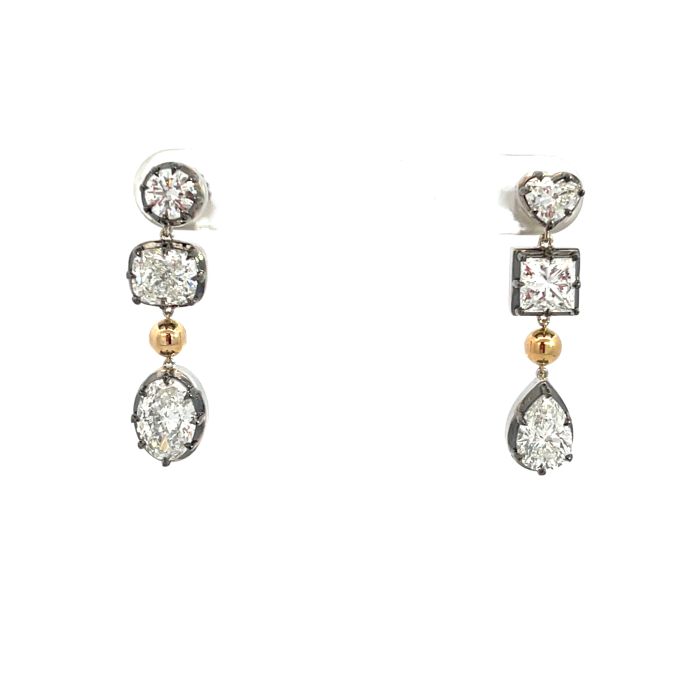 18K Mix Gold 4.69ctw Diamond GIA Black Rhodium Drop Earrings with 1.02ct FSI2 Cushion, 1.01ct DSI1 Oval, 0.97ct ESI1 Pear, 0.92ct EVS1 Princess, 0.36ct ESI2 Round, 0.41ct FSI1 Heart 18K Mix Gold 4.69ctw Diamond GIA Black Rhodium Drop Earrings with 1.02ct FSI2 Cushion, 1.01ct DSI1 Oval, 0.97ct ESI1 Pear, 0.92ct EVS1 Princess, 0.36ct ESI2 Round, 0.41ct FSI1 Heart