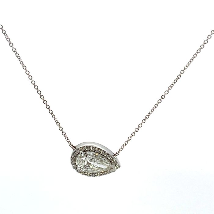 18K White Gold 1.66ctw Diamond Halo Pendant with GIA 5443920680 Pear 1.50 FSI2 VGGD Faint and 0.16ctw melee 18K White Gold 1.66ctw Diamond Halo Pendant with GIA 5443920680 Pear 1.50 FSI2 VGGD Faint and 0.16ctw melee