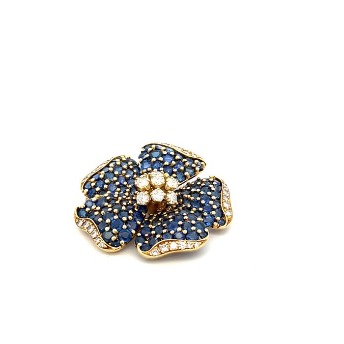 18K Yellow Gold 1 1/2ctw Diamond and Sapphire Flower Brooch 18K Yellow Gold 1 1/2ctw Diamond and Sapphire Flower Brooch