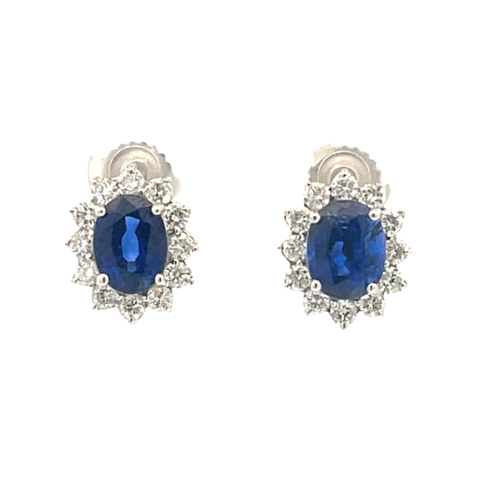 18K White Gold 1/1ctw Diamond and 4 1/2ctw Sapphires Halo Earrings 18K White Gold 1/1ctw Diamond and 4 1/2ctw Sapphires Halo Earrings