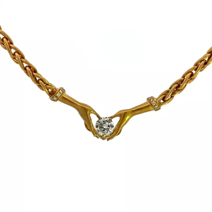 18K Yellow Gold 1 1/3ctw Diamond Hand Necklace with Round 1 1/5ctw JI1 Center 18K Yellow Gold 1 1/3ctw Diamond Hand Necklace with Round 1 1/5ctw JI1 Center